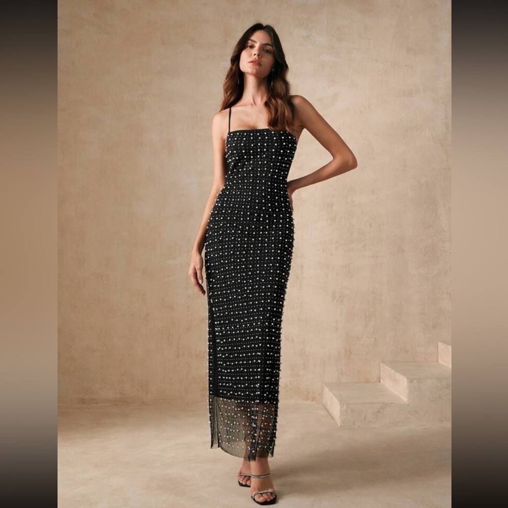 Elegant Black and White Pearl Rhinestone Dress